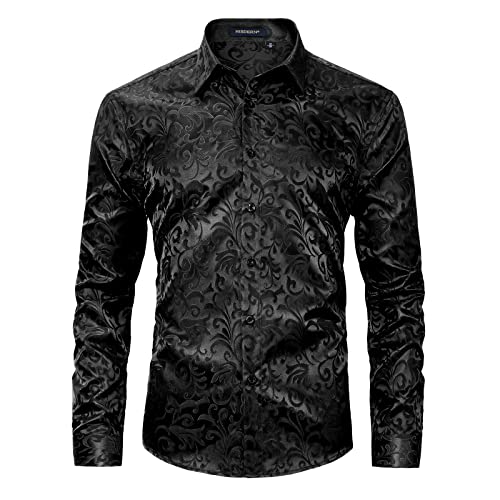 HISDERN Camisas de Hombre Camisas de Vestir con Botones de satén Camisa de Seda de Cachemira de Ajuste Regular de Manga Larga para Hombres Patrón único Floral Informal