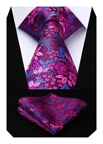 HISDERN Extra largo Floral Paisley lazo del panuelo Hombres Corbata & Plaza de bolsillo Conjunto Rosado azul