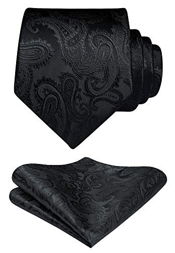 HISDERN Paisley Corbata negra para hombre Panuelo para fiesta de bodas Conjunto de corbata y panuelo de bolsillo