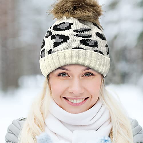 Hombre Mujer Gorro Punto,Gorro con pompón extraíble,Gorro de Invierno para Suave Elástico para Térmico, Beanie con Agujero para Coleta, Ideal para Esquí, Ciclismo Actividades al Aire Libre (Blanco)