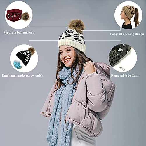 Hombre Mujer Gorro Punto,Gorro con pompón extraíble,Gorro de Invierno para Suave Elástico para Térmico, Beanie con Agujero para Coleta, Ideal para Esquí, Ciclismo Actividades al Aire Libre (Blanco)