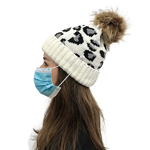 Hombre Mujer Gorro Punto,Gorro con pompón extraíble,Gorro de Invierno para Suave Elástico para Térmico, Beanie con Agujero para Coleta, Ideal para Esquí, Ciclismo Actividades al Aire Libre (Blanco)