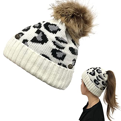 Hombre Mujer Gorro Punto,Gorro con pompón extraíble,Gorro de Invierno para Suave Elástico para Térmico, Beanie con Agujero para Coleta, Ideal para Esquí, Ciclismo Actividades al Aire Libre (Blanco)