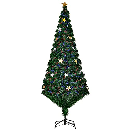 HOMCOM Árbol de Navidad Artificial Árboles de Abeto 180cm con Soporte Decoraciones Navideñas Copos de Estrella Fibra Óptica Brillante LED Multicolor Ignífugo