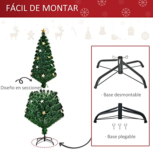 HOMCOM Árbol de Navidad Artificial Árboles de Abeto 180cm con Soporte Decoraciones Navideñas Copos de Estrella Fibra Óptica Brillante LED Multicolor Ignífugo