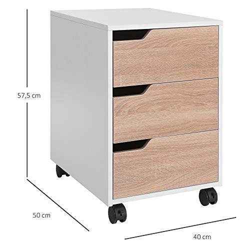 HOMCOM Armario Archivador Móvil para Oficina Cajonera Madera 3 Cajones Con Ruedas(2 con Frenos) 40x50x57.5cm MDF