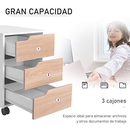 HOMCOM Armario Archivador Móvil para Oficina Cajonera Madera 3 Cajones Con Ruedas(2 con Frenos) 40x50x57.5cm MDF