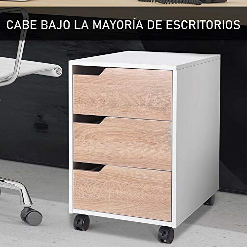 HOMCOM Armario Archivador Móvil para Oficina Cajonera Madera 3 Cajones Con Ruedas(2 con Frenos) 40x50x57.5cm MDF