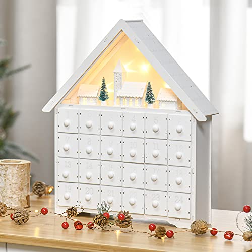 HOMCOM Calendario de Adviento de Navidad Madera con 24 Cajones y Luces LED Decoración Navideña Modelo Casita 39x9x42 cm Blanco