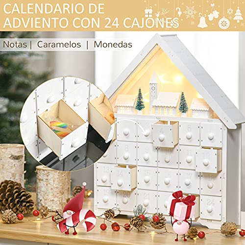 HOMCOM Calendario de Adviento de Navidad Madera con 24 Cajones y Luces LED Decoración Navideña Modelo Casita 39x9x42 cm Blanco