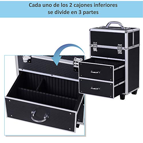 HOMCOM Maleta de Maquillaje Portátil Estuche de Comésticos Profesional con 6 Cajones Extensibles Cerradura y 2 Llaves Ruedas Asa Retráctil 36x23x58 cm Negro