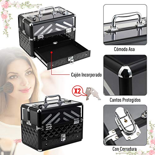 HOMCOM Maletín de Maquillaje Bisutería Organizador Cosméticos Portátil Múltiples Niveles Con Asa y Bandejas Desplegables Aleación de Aluminio 30x18.5x22 cm Transparente y Negro