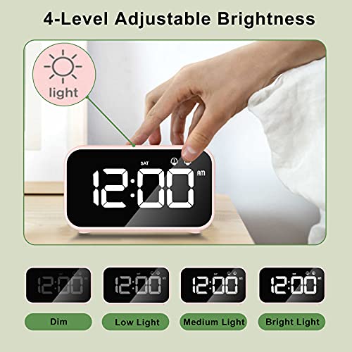 HOMVILLA Despertadores Digitales, Reloj Despertador Digital, Mini Reloj Digital Despertador, Alarma de Espejo Portátil, Alarma con Doble Tiempo de Repetición 4 Niveles de Brillo Regulable (Rosa)