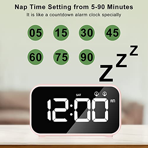 HOMVILLA Despertadores Digitales, Reloj Despertador Digital, Mini Reloj Digital Despertador, Alarma de Espejo Portátil, Alarma con Doble Tiempo de Repetición 4 Niveles de Brillo Regulable (Rosa)