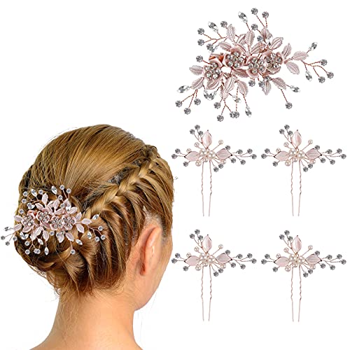 Horquillas de Pelo de Perla, Comius Sharp 5 Piezas Horquillas de Pelo de Diamantes Peinetas de Pelo de Diamantes de Imitación, Peine para el Cabello de Boda para Novia y Dama de Honor (Oro Rosa)