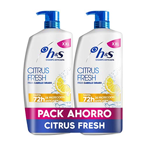 H&S Citrus Champú Anticaspa clínicamente probado, champú pelo graso, pelo libre de caspa, 72 horas de protección, botella reciclable, 40% envase plástico reciclado, cuidado suave del pelo, 1800 ml