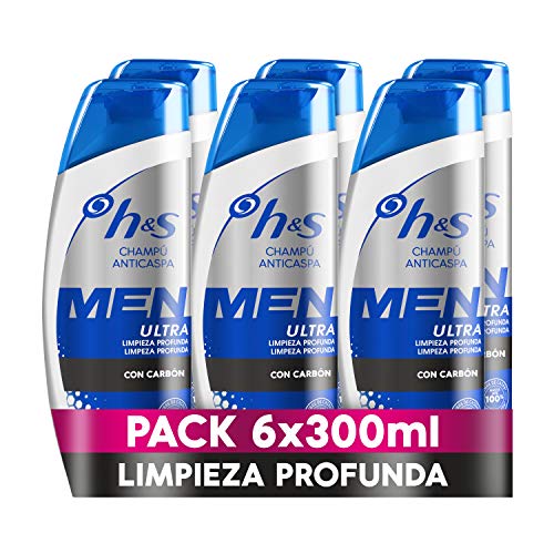 H&S Men Ultra Limpieza Profunda Champú Anticaspa, Con Carbón Para Un Pelo Y Un Cuero Cabelludo Limpios, 6 x 300 ml