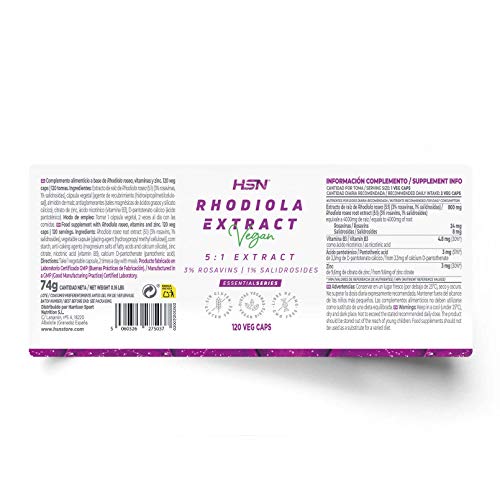 HSN Extracto de Rhodiola Rosea 120 Cápsulas Vegetales de 400 MG | Suplemento para el Estrés | 5X Más Concentración con 3% de Rosavinas, 1% Salidrosidas | No-GMO, Vegano, Sin Gluten