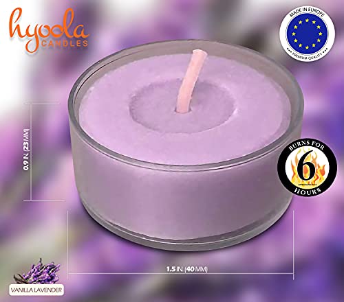 Hyoola Velas de Té Perfumadas - Velas Candelitas en Vaso Transparente - Velas Aromáticas con Aroma a Vainilla y Lavanda - Violeta Claro - 6 Horas de Combustión - Pack de 15 - Hechas en Europa