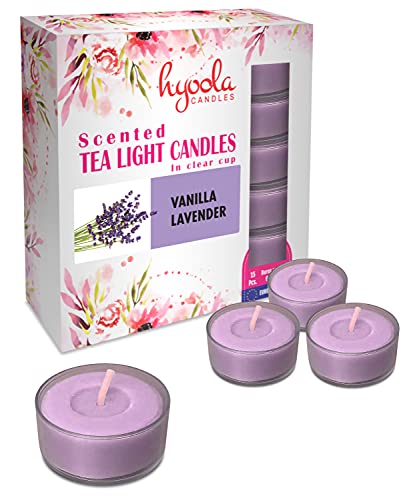 Hyoola Velas de Té Perfumadas - Velas Candelitas en Vaso Transparente - Velas Aromáticas con Aroma a Vainilla y Lavanda - Violeta Claro - 6 Horas de Combustión - Pack de 15 - Hechas en Europa