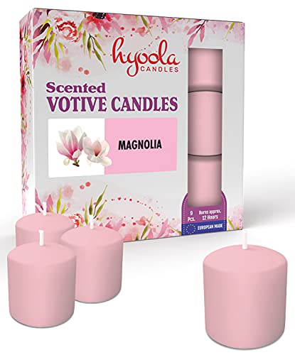 Hyoola Velas Votivas con Perfume - Velas Perfumadas con Aroma a Magnolia - Rosa Claro - 12 Horas de Combustión - Pack de 9 Velas Aromáticas - Hechas en Europa