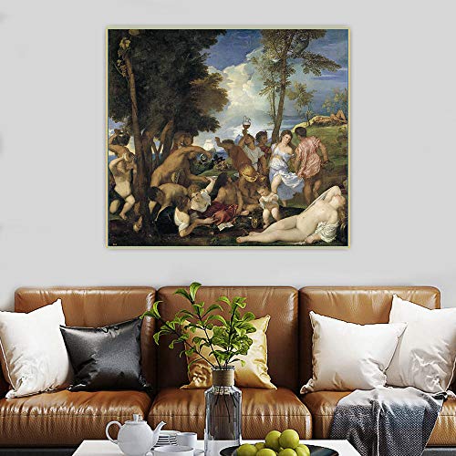 Impresión en lienzo personalizada Tiziano Vecellio, The Bacchanal of the Andrians - Póster de pared de estilo moderno con impresión en lienzo para pasillo de estar, decoración única 40 x 60 cm