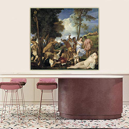 Impresión en lienzo personalizada Tiziano Vecellio, The Bacchanal of the Andrians - Póster de pared de estilo moderno con impresión en lienzo para pasillo de estar, decoración única 40 x 60 cm