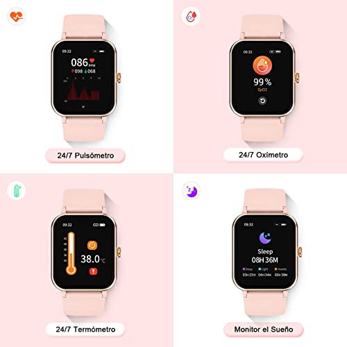 IOWODO Smartwatch R3PRO,Reloj Inteligente Mujer Impermeable IP68 con Oxímetro(SpO2),1.69" Pantalla con Termómetro Digital, Pulsómetro,Sueño,Podómetro,Pulsera de Actividad para Android iOS(2 Correas)