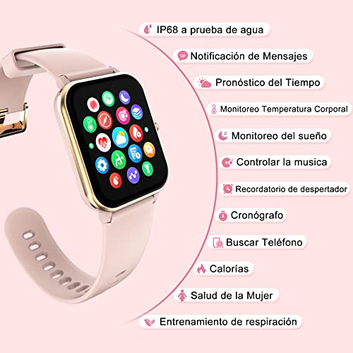 IOWODO Smartwatch R3PRO,Reloj Inteligente Mujer Impermeable IP68 con Oxímetro(SpO2),1.69" Pantalla con Termómetro Digital, Pulsómetro,Sueño,Podómetro,Pulsera de Actividad para Android iOS(2 Correas)