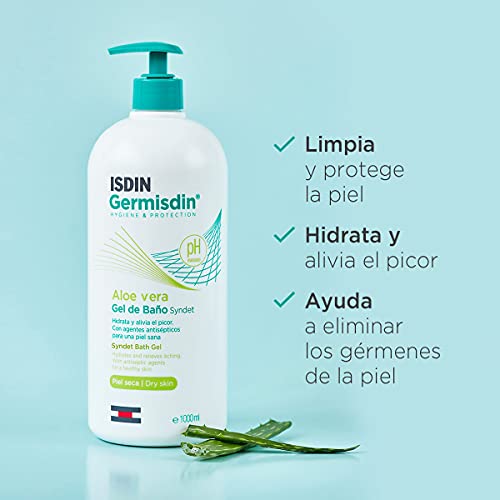 ISDIN Germisdin Aloe Vera Higiene Corporal de Uso Diario Gel de Baño Syndet con Aloe Vera Recomendado para Piel Seca o con Tendencia al Picor, Pack de 2 Unidades de 1000ml