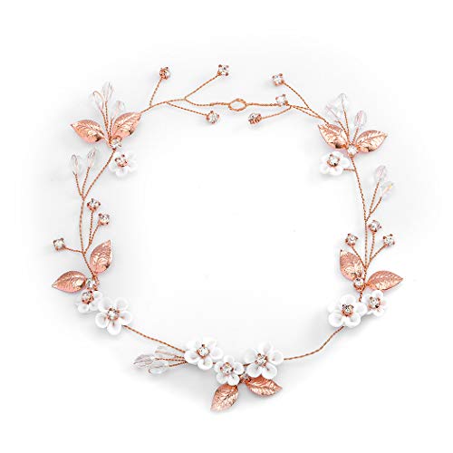 IYOU diadema nupcial con diseño de flores y perlas vides de pelo de hojas accesorios para el cabello de novia para mujeres y niñas (oro rosa)