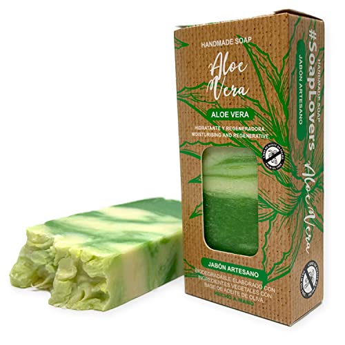 Jabón Natural de Aloe Vera - Jabon de Manos, Cuerpo, y Cara Hidratante y Regeneradora, Pastilla Sólida Ecológica y Artesanal, Fabricado en España, Vegano y Sin Aceite de Palma (100 g)