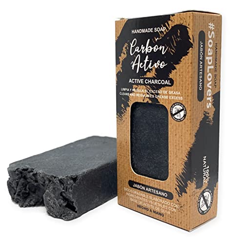 Jabón Natural de Carbón Activo - Jabon de Manos, Cuerpo, y Cara Limpiador Piel Grasa, Pastilla Sólida Ecológica y Artesanal, Fabricado en España, Vegano y Sin Aceite de Palma (100 g)