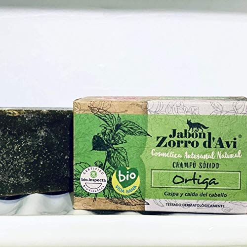 Jabón Zorro D’Avi | Champú Sólido de Ortiga | 120 gr | Cabellos con Caspa | Champú Sólido Zero Waste | Evita la Caída del Cabello | Fabricado en España