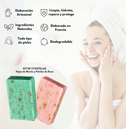 Jabones naturales artesanales, limpiadores e hidratantes perfectos como jabón de manos, jabón facial y corporal, elaborados con glicerina vegetal, hojas de menta y pétalos de rosa (2u)