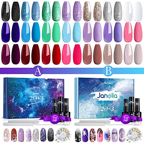 Janolia Esmaltes Semipermanentes 23 pcs, 20 Colores de Uñas en Gel UV LED con Base, Capa Superior Brillante y Mate, para Salón de Uñas en Casa, Juego de Gel de Uñas Perfecto para Principiantes