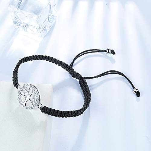 J.Endéar Pulsera Mujer Árbol de la Vida Plata 925 con Circonita, Cuerda Trenzada Hecha a Mano Pulseras Personalizadas, Joyería Amistad Regalo Familiar Mujer Ajustable