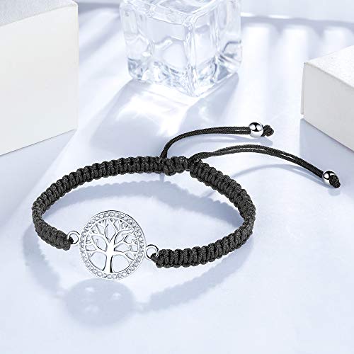 J.Endéar Pulsera Mujer Árbol de la Vida Plata 925 con Circonita, Cuerda Trenzada Hecha a Mano Pulseras Personalizadas, Joyería Amistad Regalo Familiar Mujer Ajustable