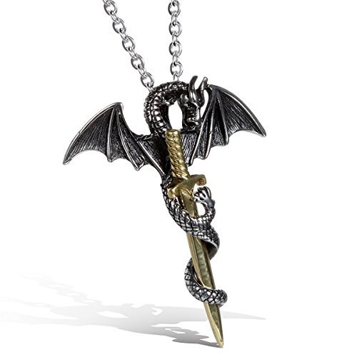 JewelryWe Collar de la joyería con Hombres Mujer, Estilo Retro, Dragon Sword Colgante de Acero Inoxidable, Regalo de cumpleaños para Hombre