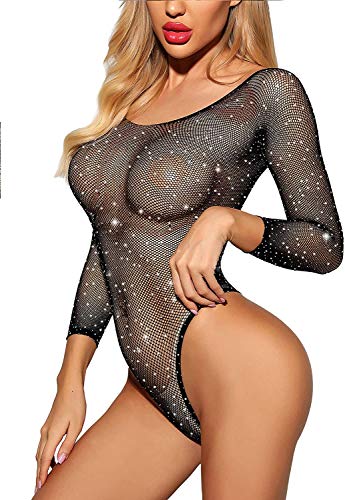 JFAN Lencería para Mujer Encaje Mallas Bodysuit de Diamantes Brillante Bodis de Mujer de Vestir para Fiesta