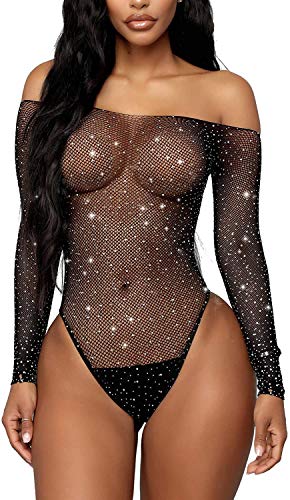 JFAN Lencería para Mujer Encaje Mallas Bodysuit de Diamantes Brillante Bodis de Mujer de Vestir para Fiesta