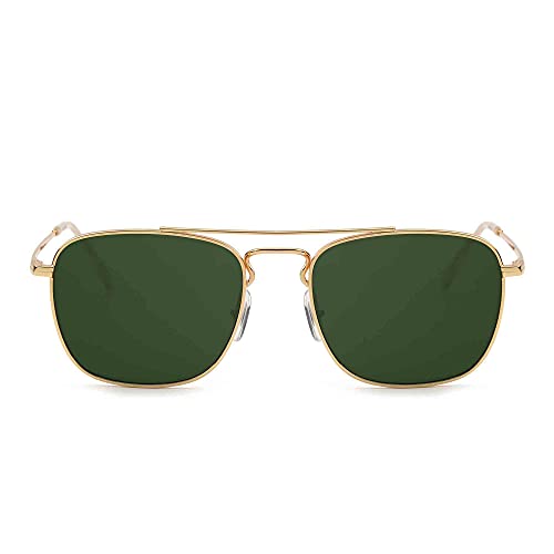 JIM HALO Gafas de Sol Retro Cuadradas Lente de Vidrio de Plano Metal Anteojos Hombre Mujer(Dorado/Verde)