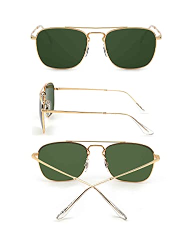 JIM HALO Gafas de Sol Retro Cuadradas Lente de Vidrio de Plano Metal Anteojos Hombre Mujer(Dorado/Verde)