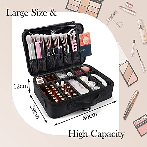 Joligrace Bolsa Maquillaje de Viaje Neceser Maquillaje Tela Oxford Cosméticos Maletín Manicura Joyero y Uñas Organizador Grande Makeup Estuche Maletín Vacio con Bandolera y 2 Capas Profesional, Negro