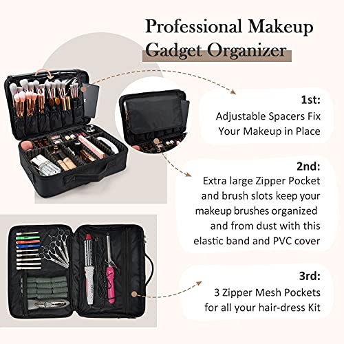 Joligrace Bolsa Maquillaje de Viaje Neceser Maquillaje Tela Oxford Cosméticos Maletín Manicura Joyero y Uñas Organizador Grande Makeup Estuche Maletín Vacio con Bandolera y 2 Capas Profesional, Negro