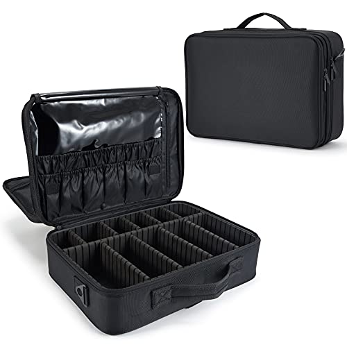 Joligrace Bolsa Maquillaje de Viaje Neceser Maquillaje Tela Oxford Cosméticos Maletín Manicura Joyero y Uñas Organizador Grande Makeup Estuche Maletín Vacio con Bandolera y 2 Capas Profesional, Negro