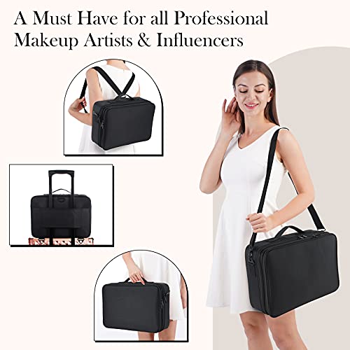 Joligrace Bolsa Maquillaje de Viaje Neceser Maquillaje Tela Oxford Cosméticos Maletín Manicura Joyero y Uñas Organizador Grande Makeup Estuche Maletín Vacio con Bandolera y 2 Capas Profesional, Negro