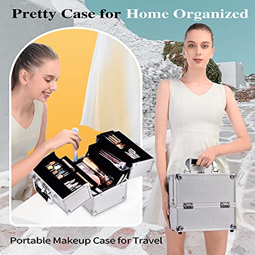 Joligrace Maletín Maquillaje Estuche de Maquillaje Maletín de Manicura Makeup Joyero Caja Maletines Maquillaje Vacío Cosméticos Organizador Beauty Case de Viaje Profesional, Plateado