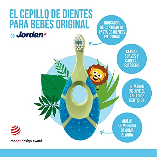 Jordan | Step 1 Cepillo de dientes para bebé 0-2 años | El cepillo de dientes original para bebé con cerdas extra suaves, anillo de mordida suave para encías y fácil agarre | Pack 4 Unidades