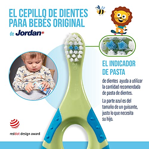 Jordan | Step 1 Cepillo de dientes para bebé 0-2 años | El cepillo de dientes original para bebé con cerdas extra suaves, anillo de mordida suave para encías y fácil agarre | Pack 4 Unidades